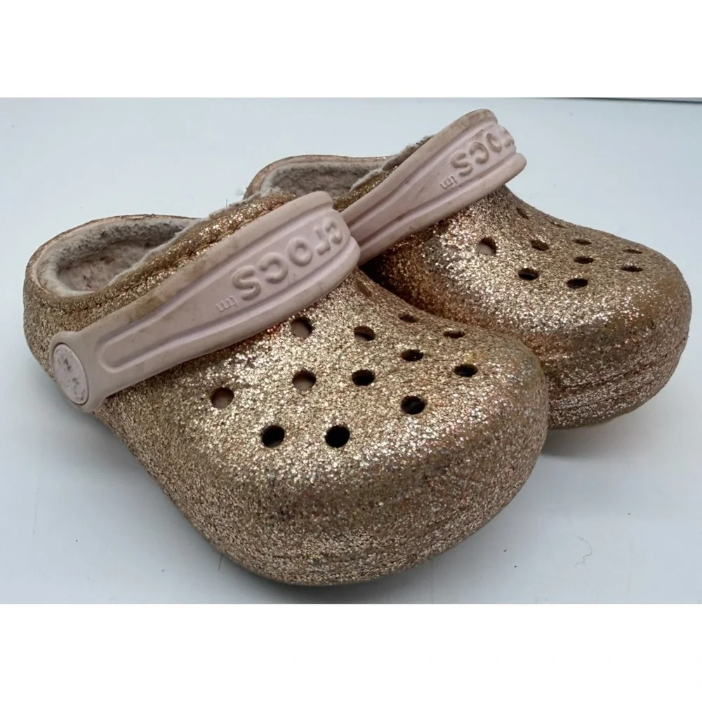 Crocs Classic Lined Clogs Gold Glitter Pink Cozy Fuzzy Toddler | Girl's Size 6